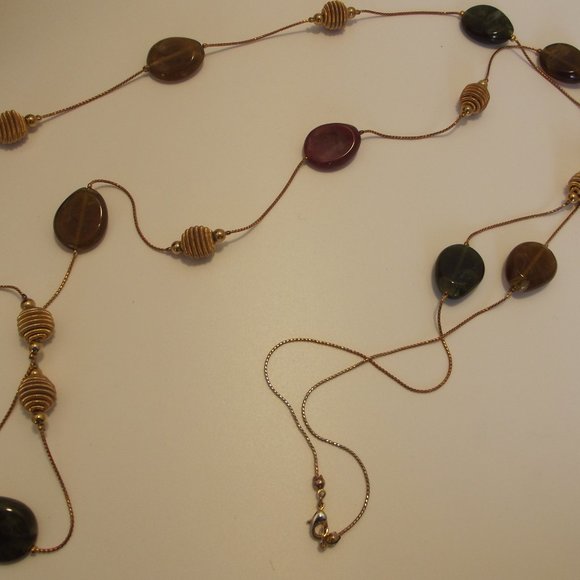 Extra LONG Gold Tone Chain Necklace Amber Cranberry & Green Tones with Gold - Picture 9 of 9
